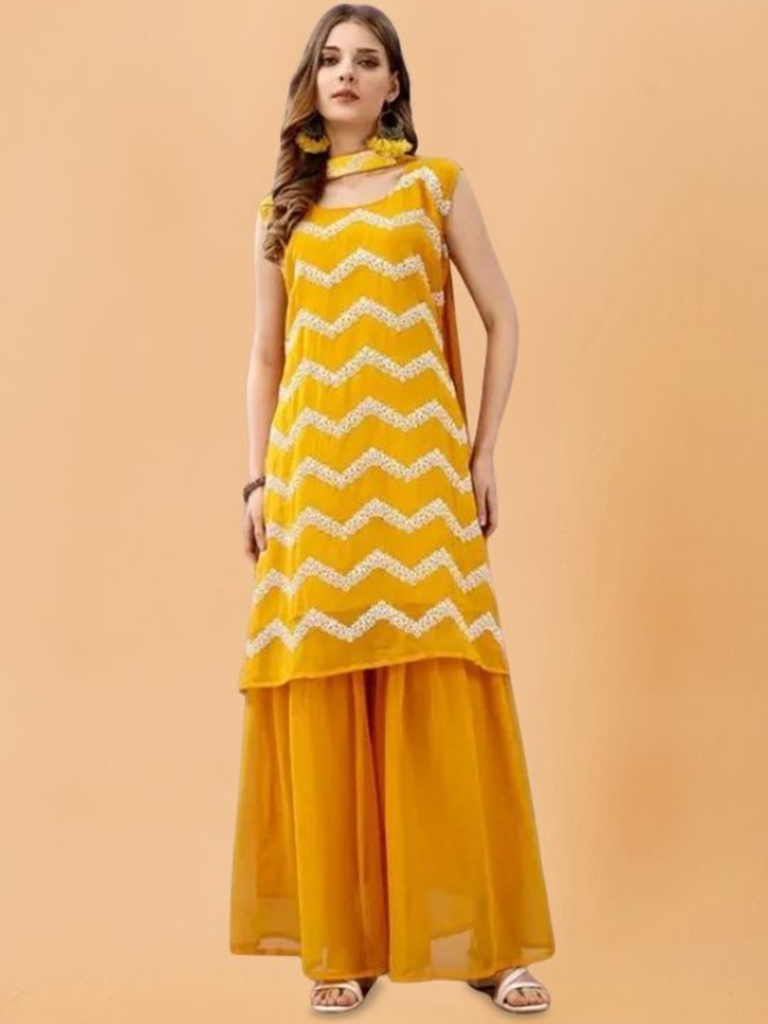 

PARROT CREATION Embroidered Straight Sequinned Kurti With Sharara And Dupatta, Yellow