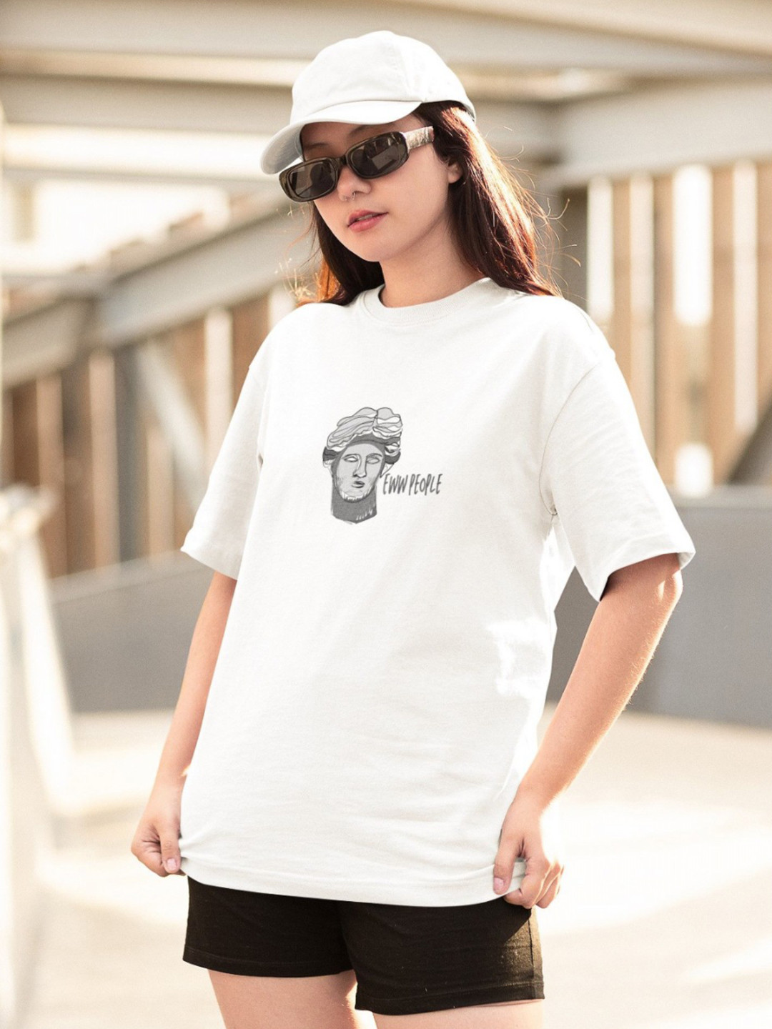 

TheBTclub Women Activchill Graphic Printed Round Neck Cotton Oversized T-shirt, White