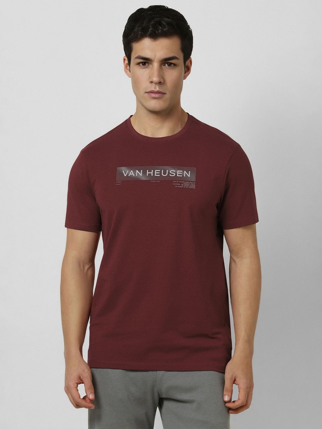 

Van Heusen Flex Men Typography Printed Round Neck Cotton T-shirt, Maroon