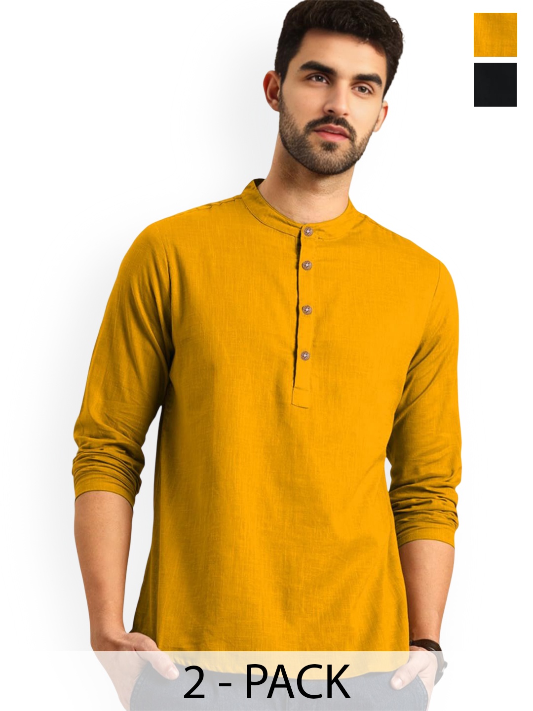 

Vida Loca Selection Of 2 Band Collar Cotton Slim Fit Straight Short Kurta, Yellow