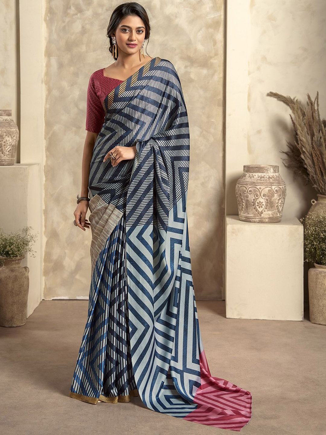 

DIVASTRI Printed Satin Saree With Unstitched Blouse Piece, Blue