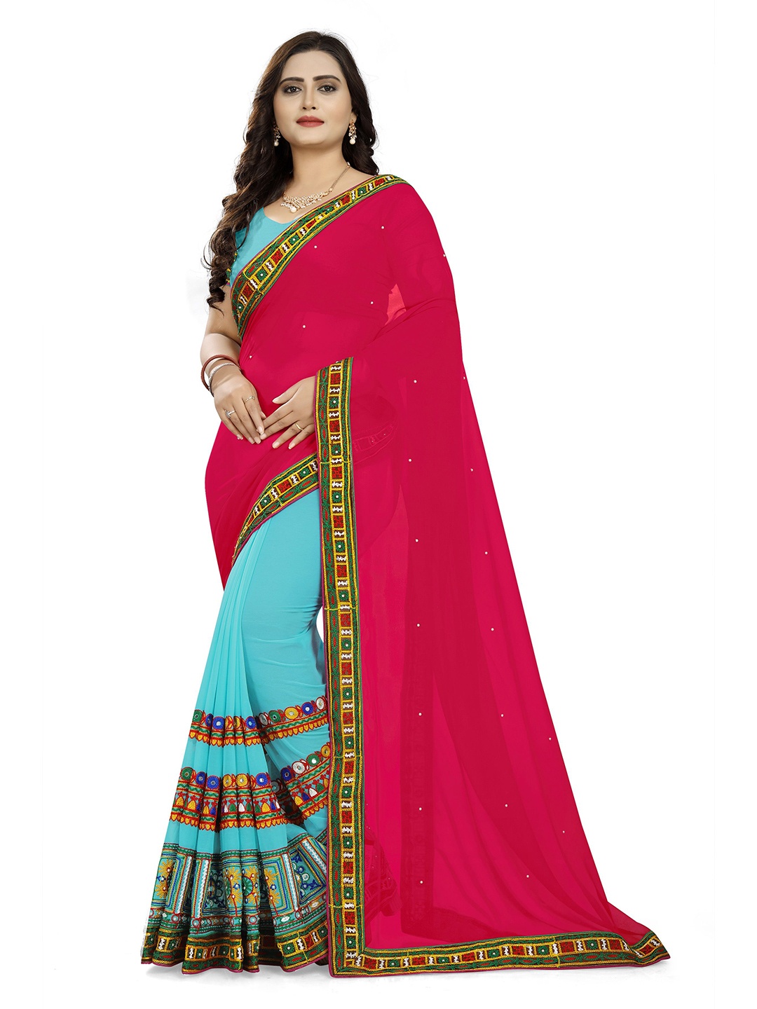 

DIVASTRI Embellished Mirror Work Poly Georgette Half and Half Saree, Turquoise blue