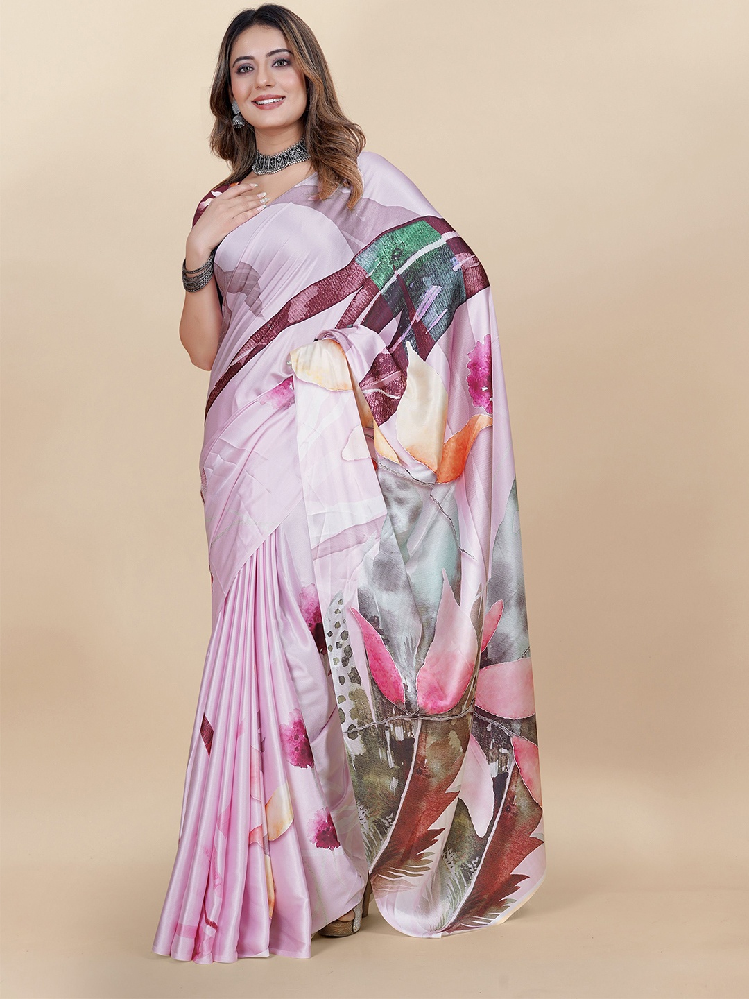 

DIVASTRI Floral Satin Saree, Pink