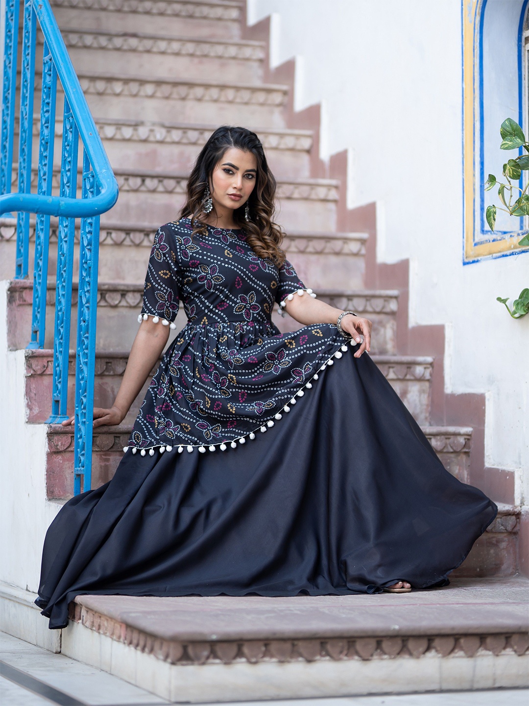 

TASRIKA Printed Semi-Stitched Lehenga & Unstitched Blouse, Black