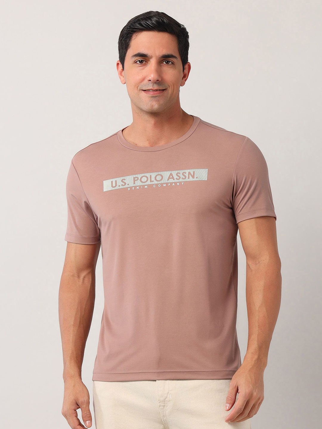 

U.S. Polo Assn. Denim Co. Men Typography Printed Round Neck Slim Fit T-shirt, Peach
