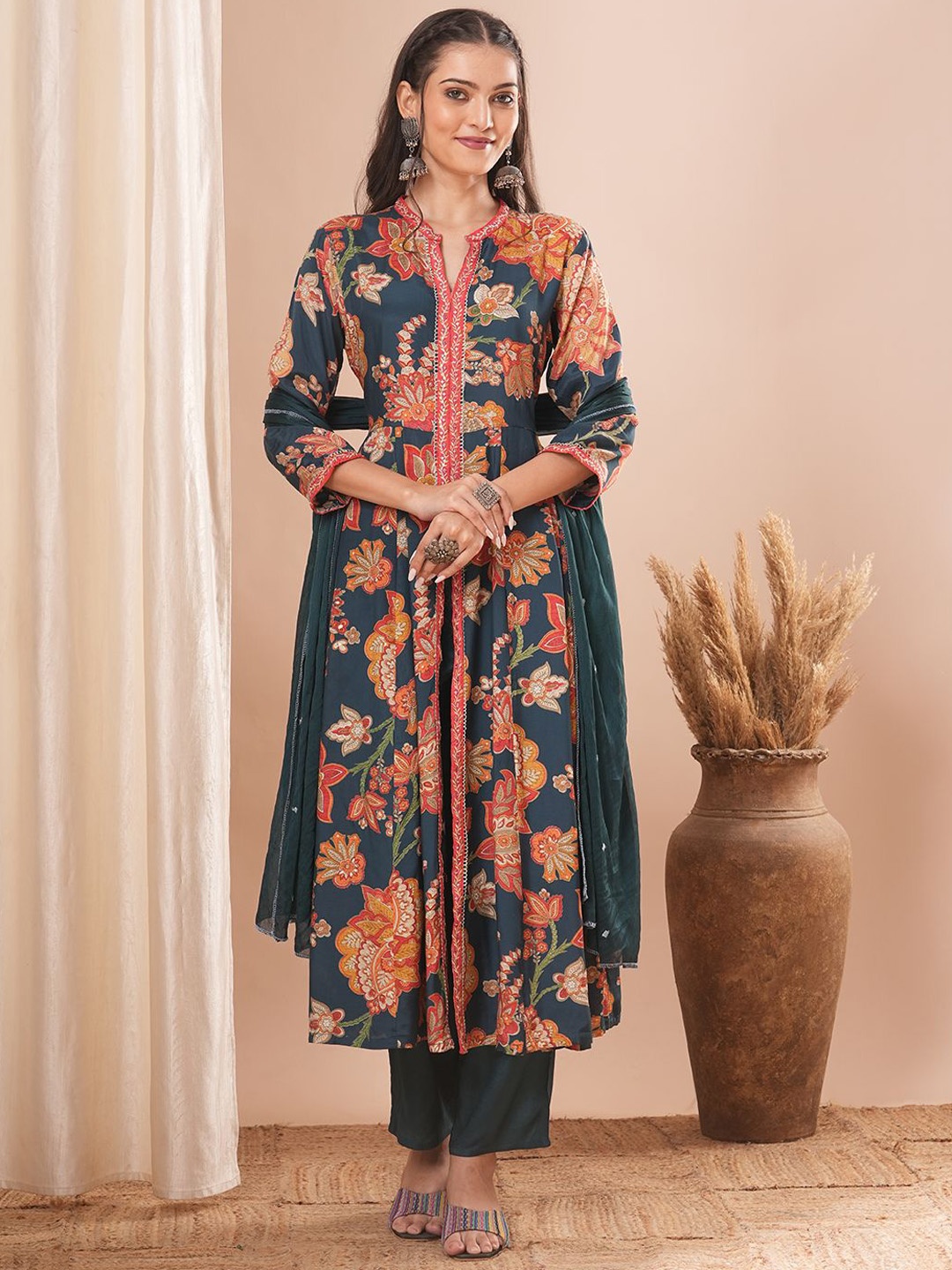 

FASHOR Floral Printed Mandarin Collar Cotton Straight Kurta With Palazzos & Dupatta, Teal