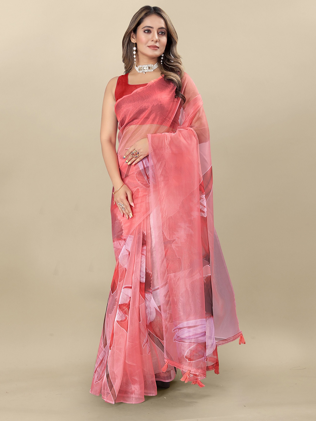 

DIVASTRI Floral Organza Saree, Red