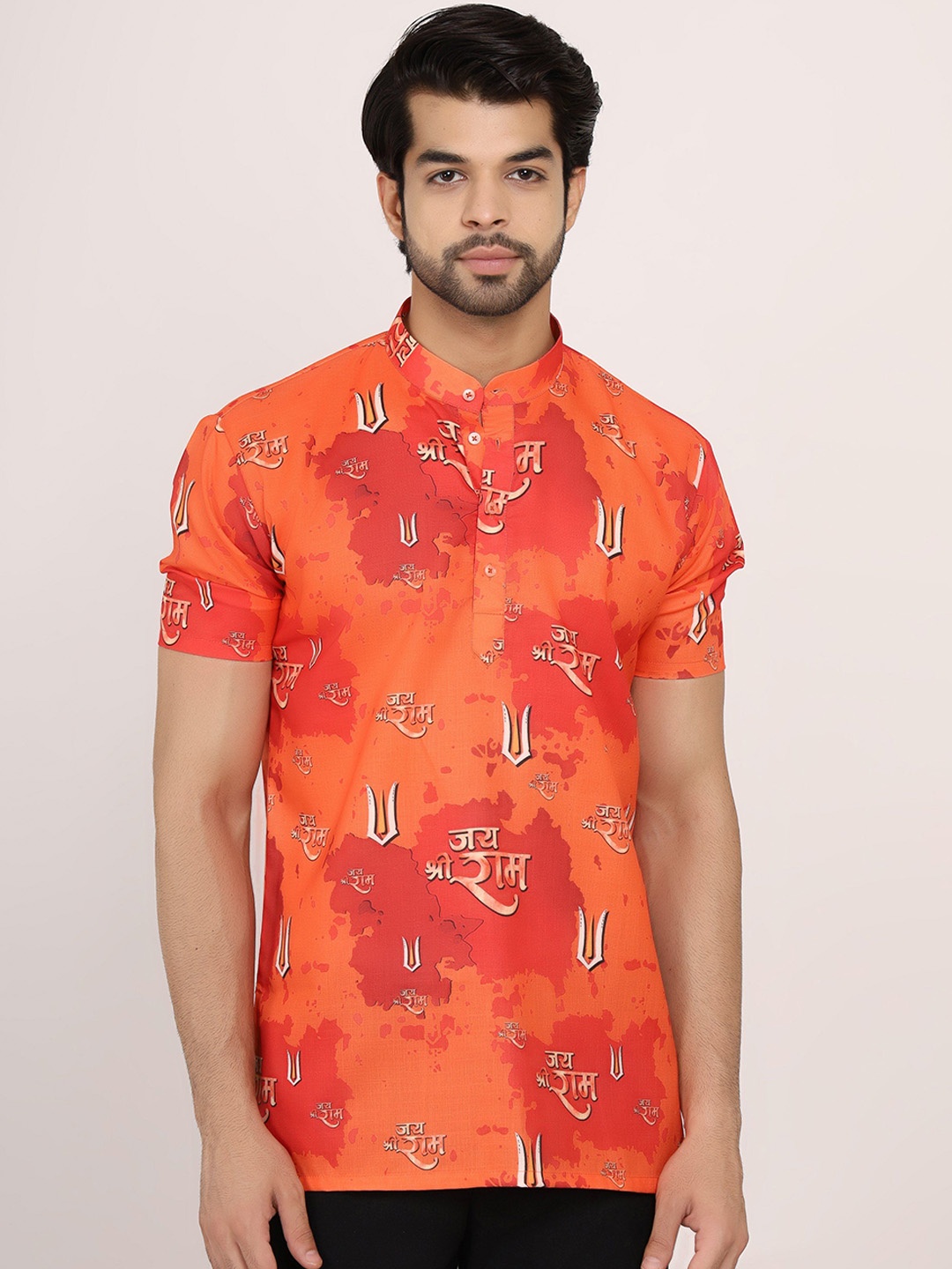 

Sadreen Ethnic Motifs Ram-Nam Printed Band Collar Pure Cotton Short Kurta, Orange