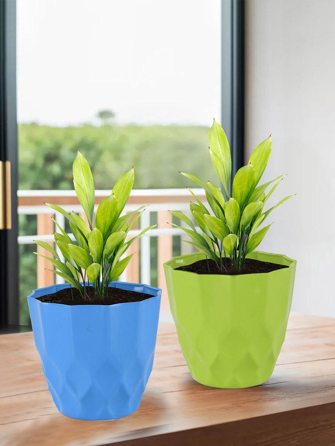 

Kuber Industries Blue & Green 4 Pieces Barfi Pattern Durable Planters