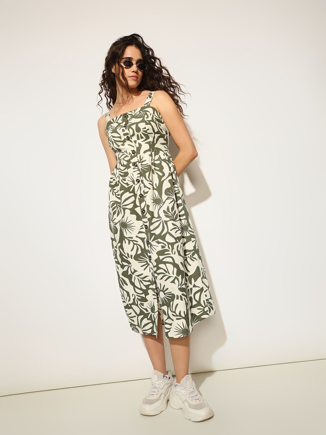 

ONLY Floral Print Fit & Flare Midi Dress, Olive