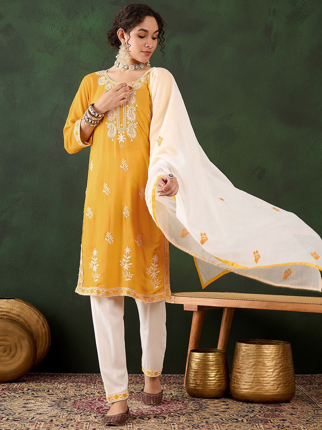 

Maroosh Paisley Embroidered Round Neck Straight Kurta With Trousers & Dupatta, Yellow