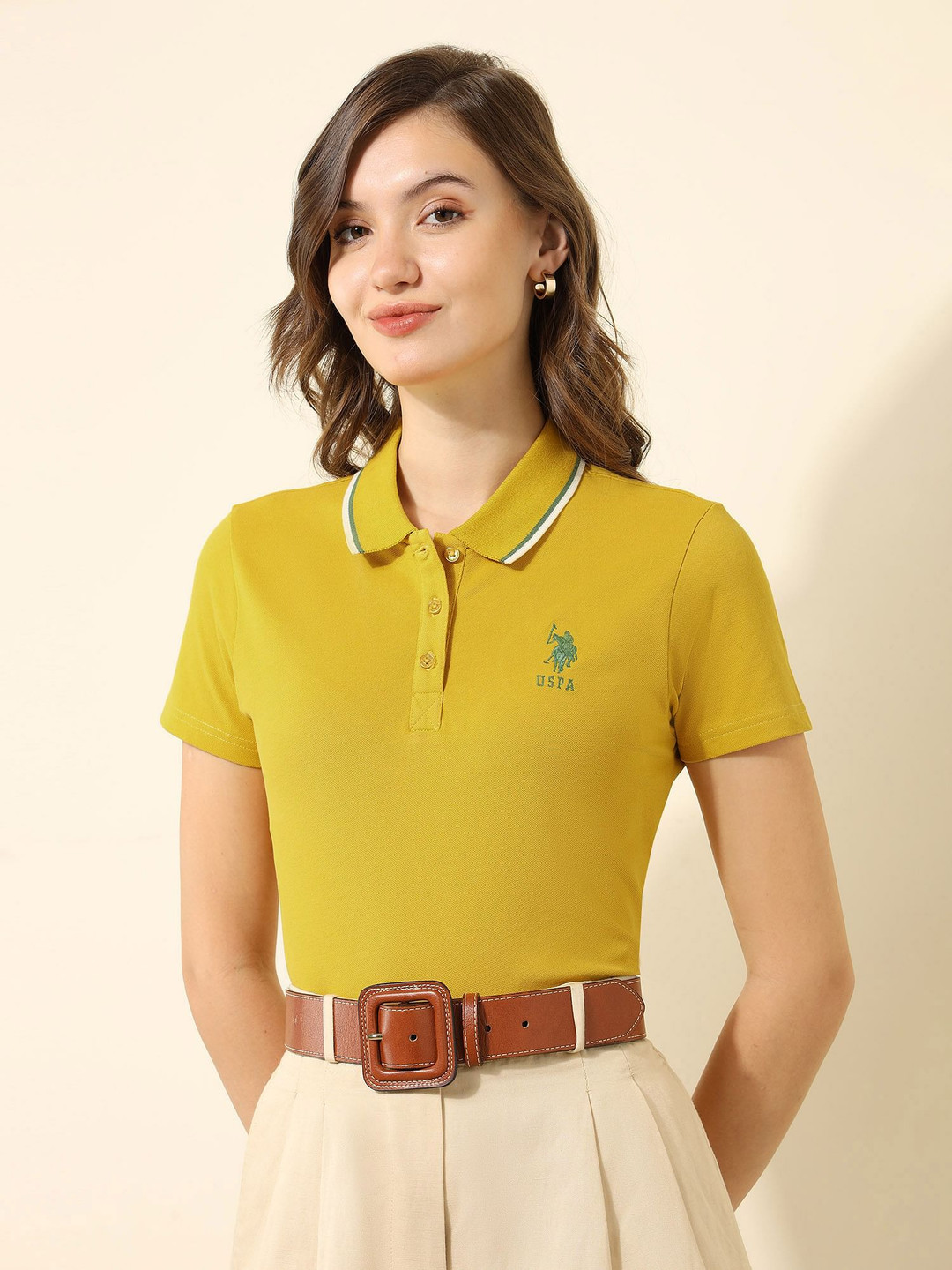 

U.S. Polo Assn. Women Solid Polo Collar Cotton T-shirt, Mustard