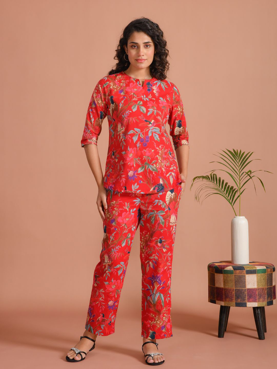 

SANSKRUTIHOMES Women Printed Round Neck Cotton Top With Trouser Co-Ords, Red