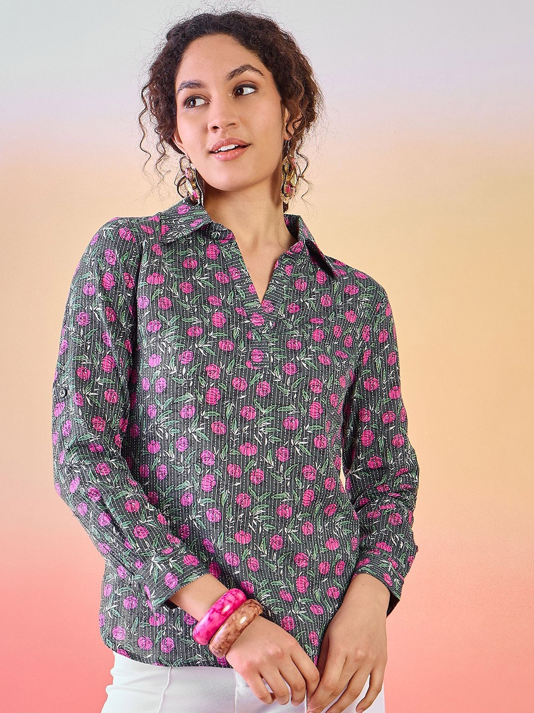 

Sangria Floral Printed Shirt Collar Cotton Tunic, Grey