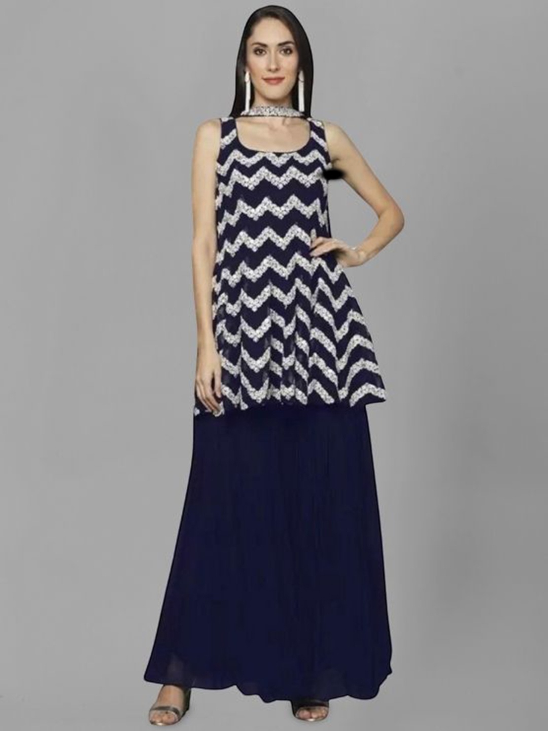 

PARROT CREATION Embroidered Straight Sequinned Kurti With Sharara And Dupatta, Navy blue