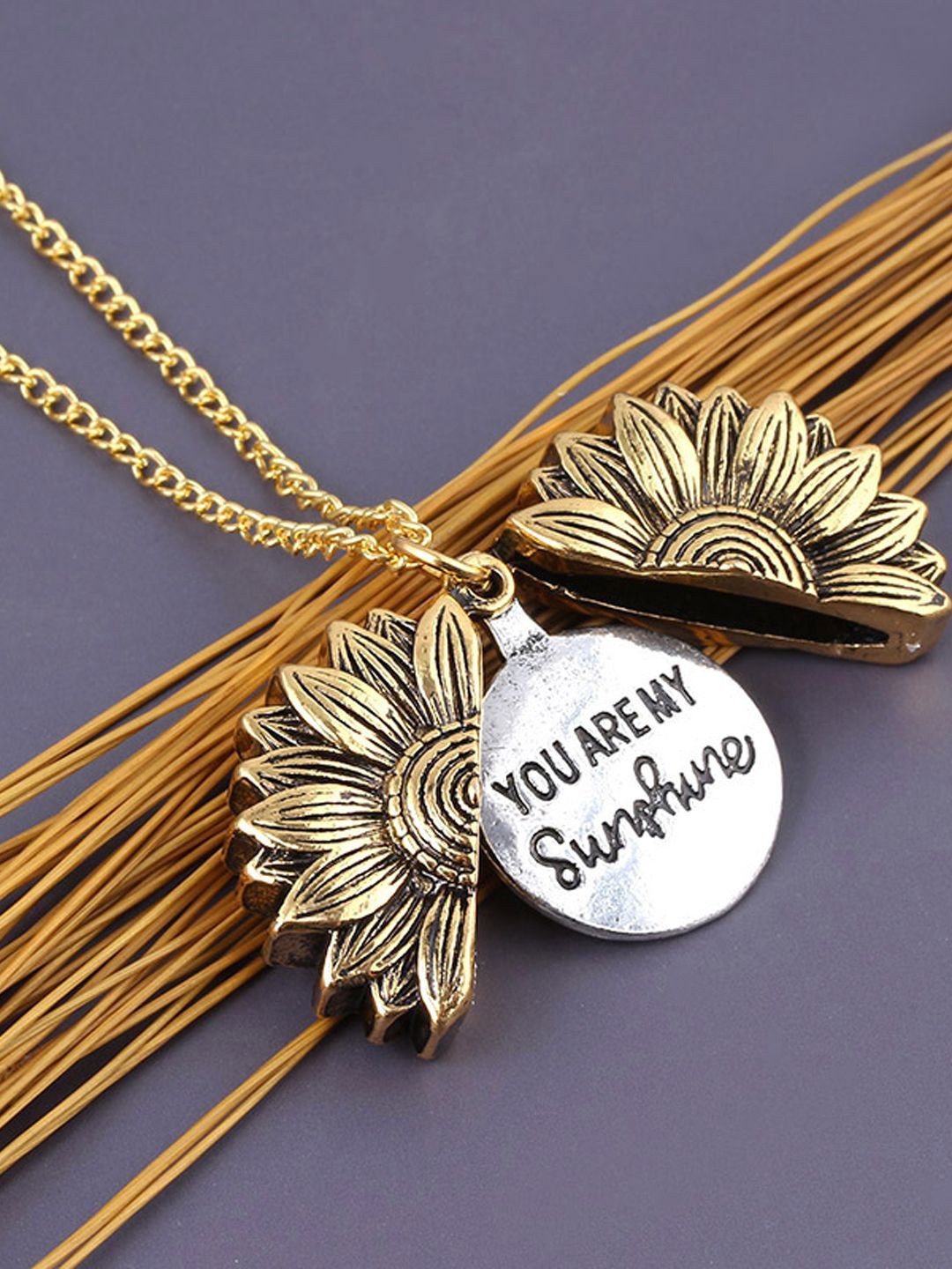 

BEYTER Stainless Steel You Are My Sunshine Open Locket Sunflower Pendant With Chain, Gold