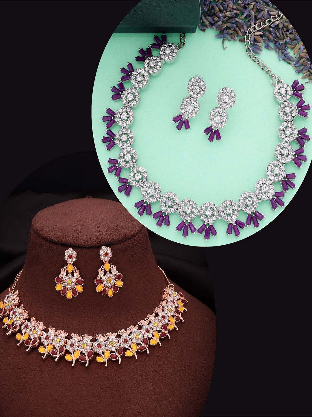 

DIVASTRI Set Of 2 Silver-Plated American Diamond Studded Jewellery Set