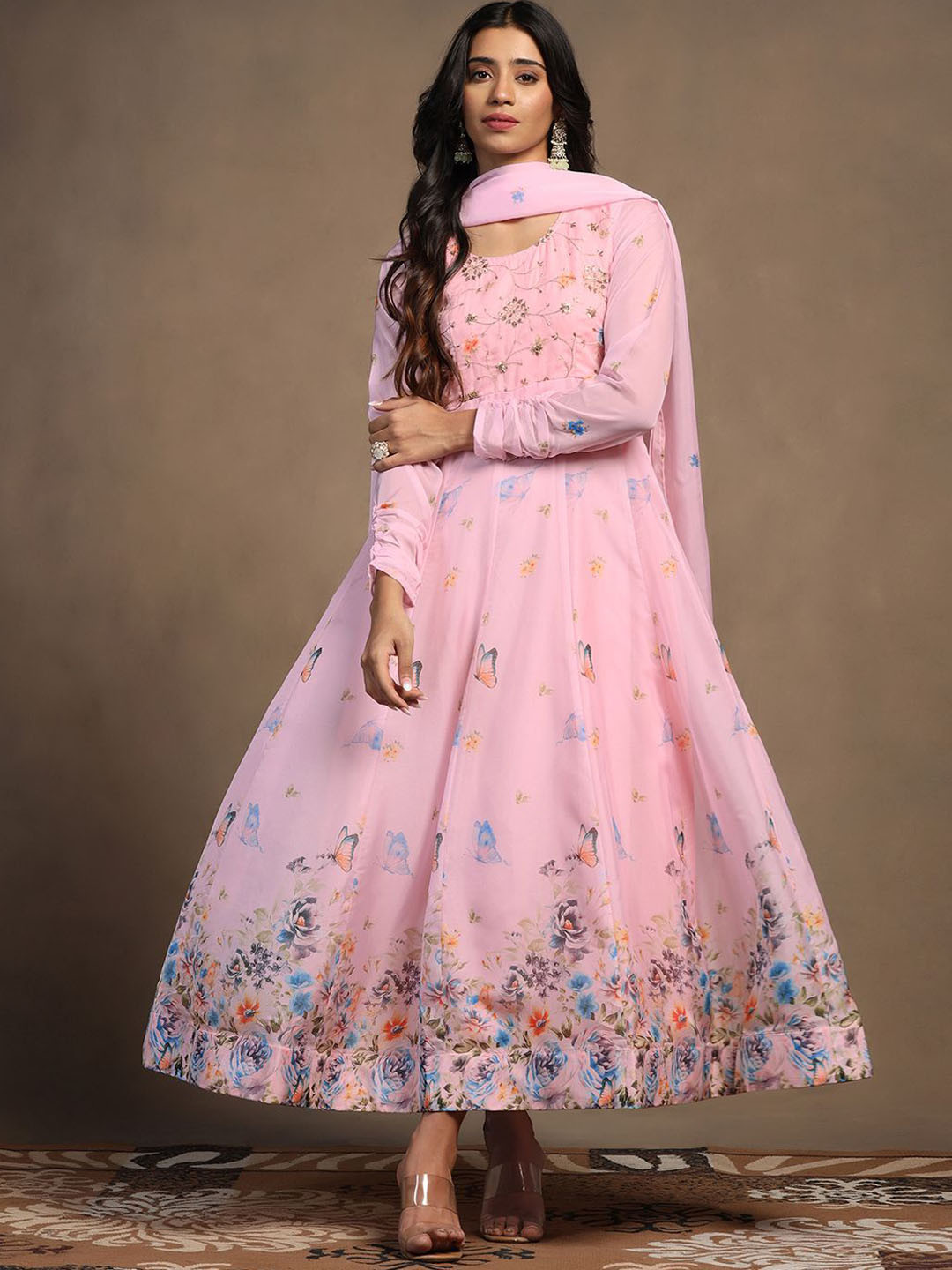 

Sangria Floral Printed Sequinned Embroidered Anarkali Kurta With Trouser & Dupatta, Pink