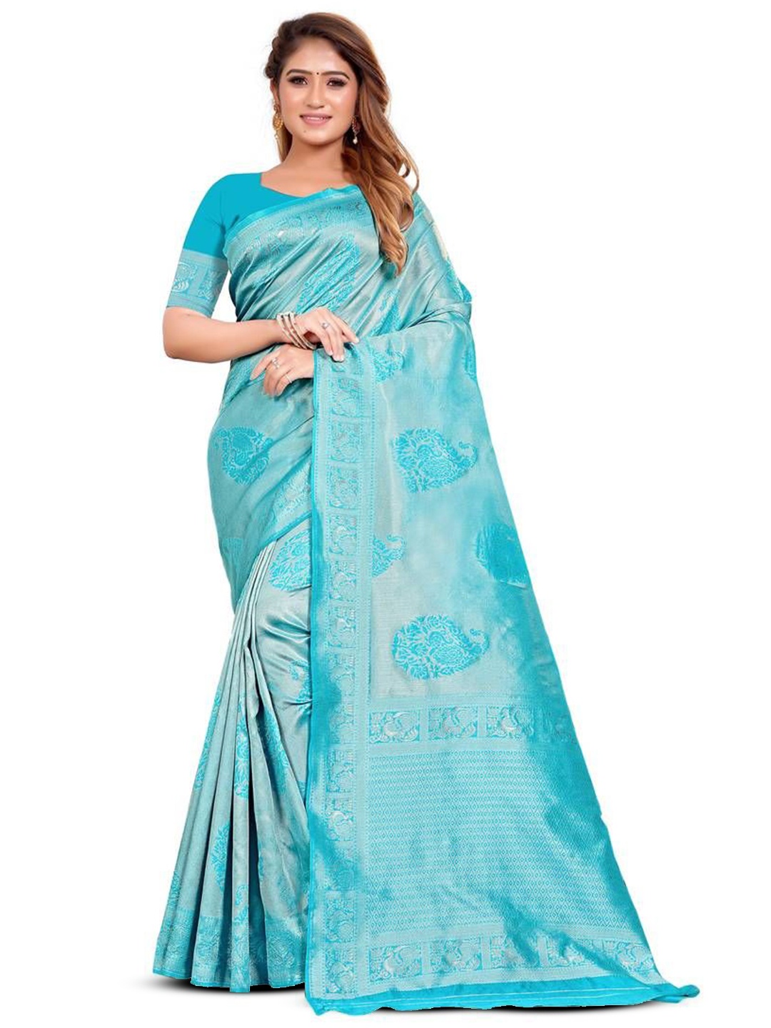 

LADY SHOPI Woven Design Zari Pure Silk Banarasi Saree, Turquoise blue