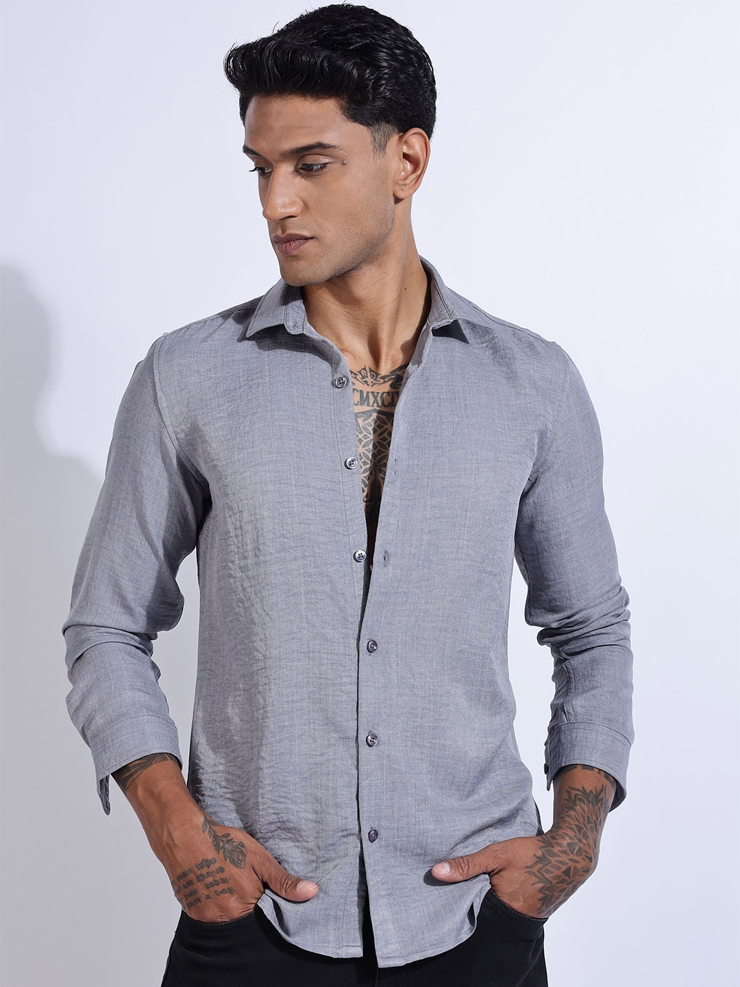 

NEVER NEUD Men Air Linen Like Regular Slim Fit Casual Shirt, Grey