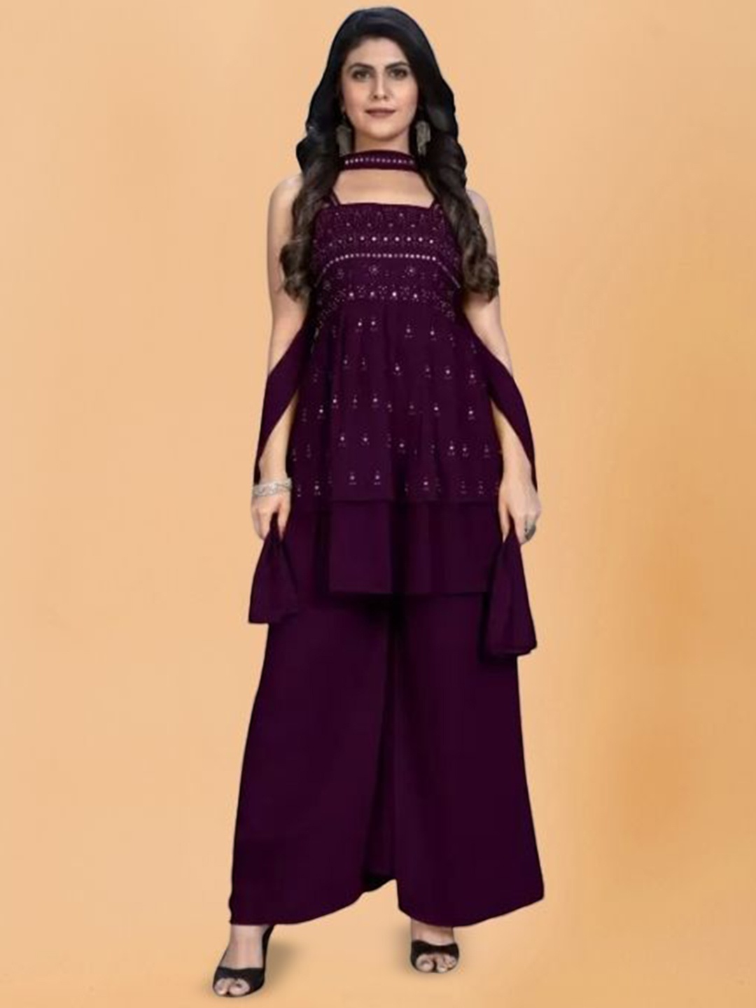 

PARROT CREATION Embroidered A-Line Sequinned Kurti With Sharara And Dupatta, Purple