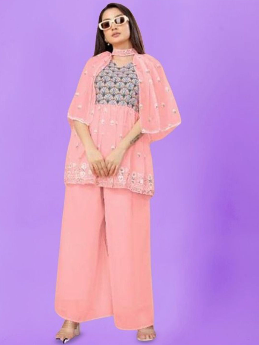 

PARROT CREATION Floral Embroidered Pleated Georgette A-Line Kurti with Palazzos & Cape, Pink