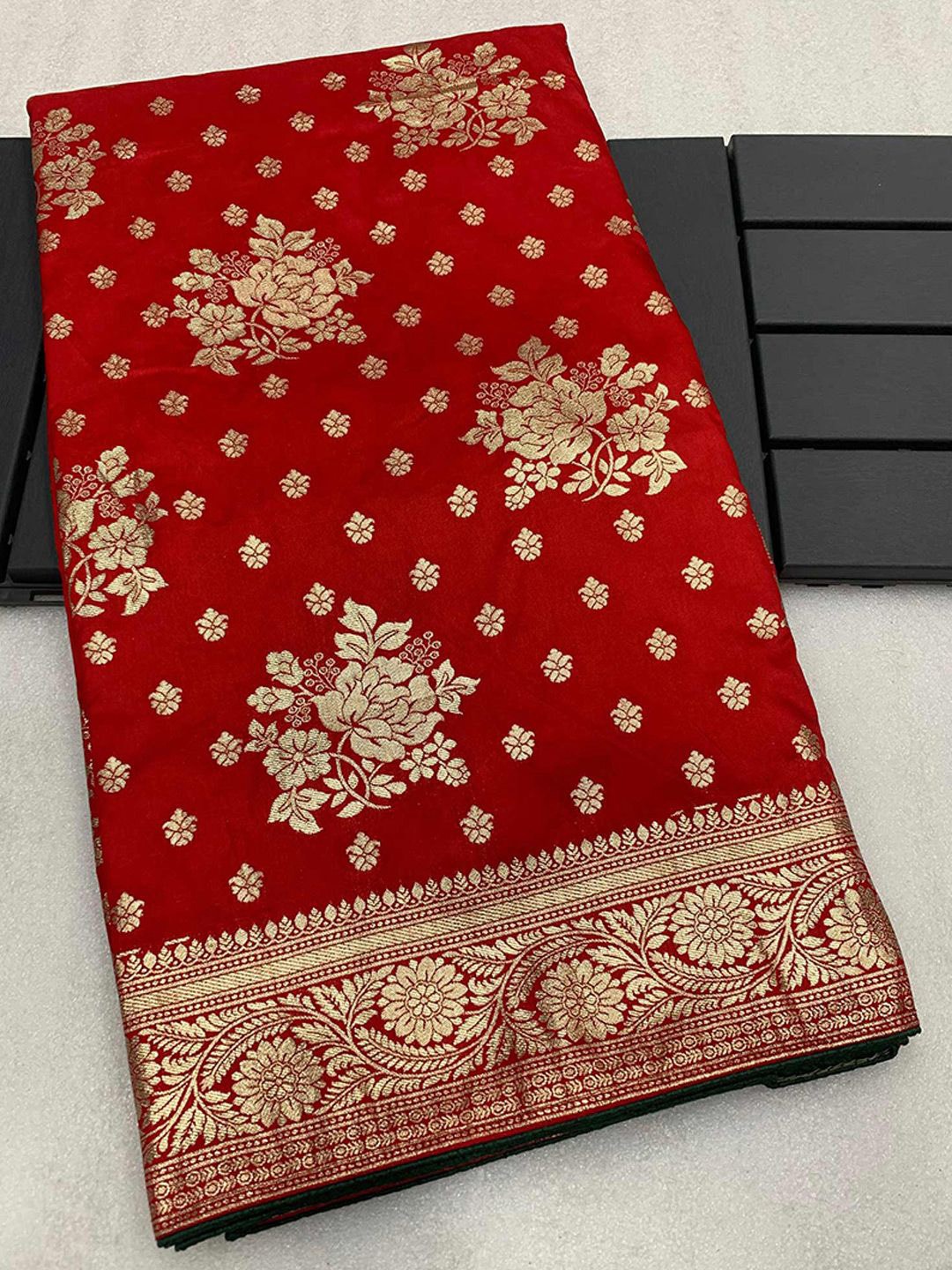 

Peachmode Woven Design Zari Silk Blend Saree, Red