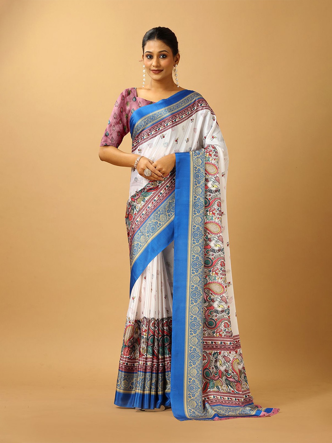 

A.V.M. SILK MILLS Ethnic Motifs Printed Pure Crepe Saree, White