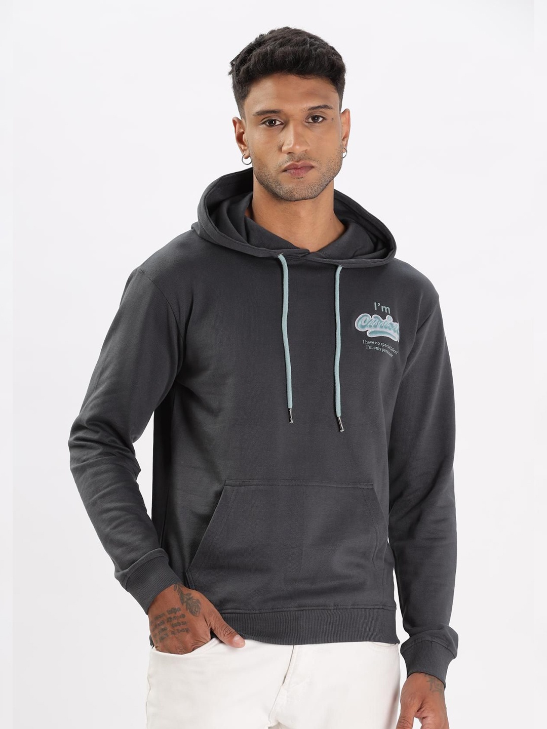 

COLOR HUNT Men Typography Printed Hooded Cotton Sweatshirt, Grey