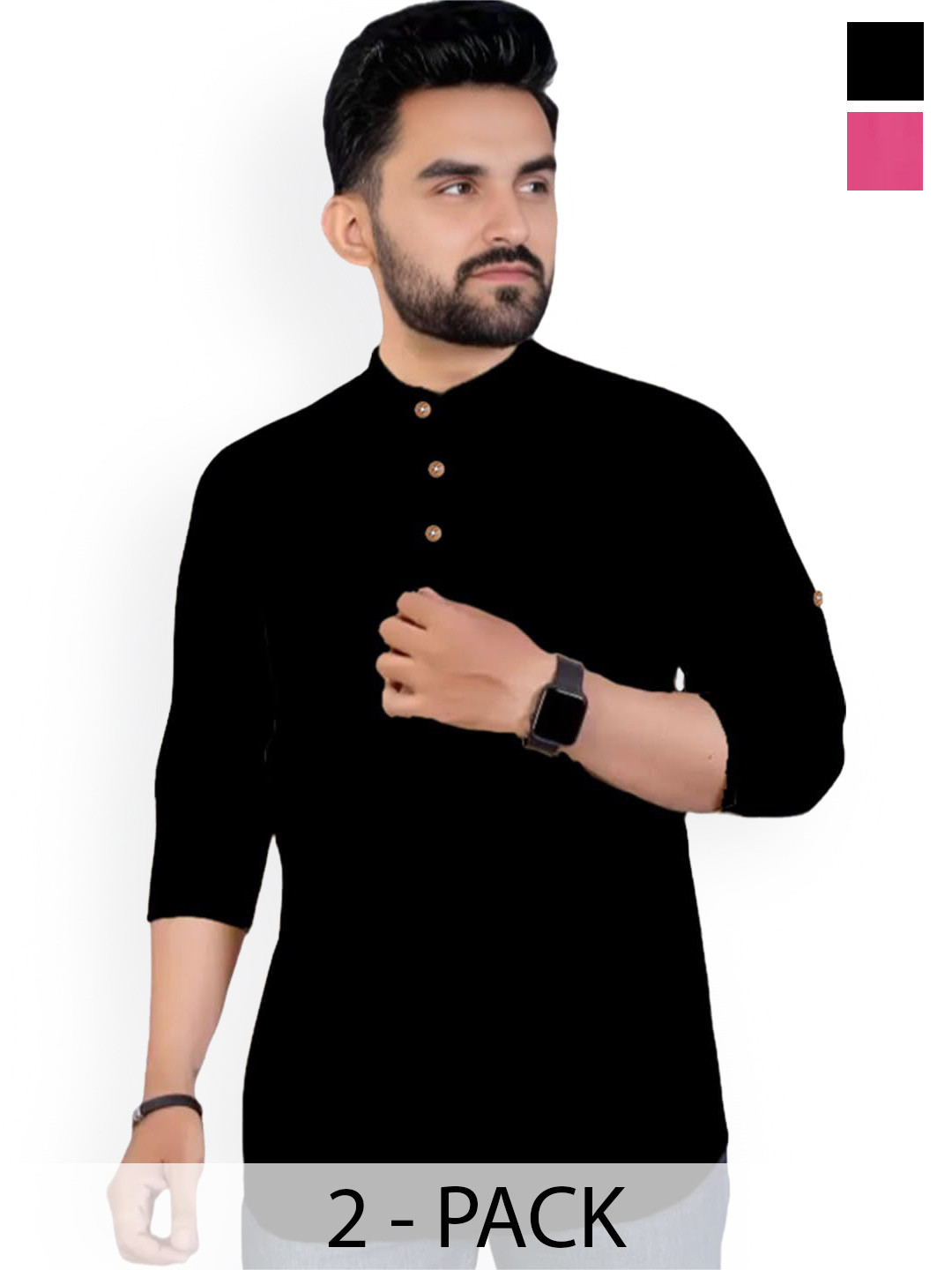 

Vida Loca Selection Of 2 Band Collar Rolled-Up Sleeves Pure Cotton Slim Fit Short Kurtas, Black