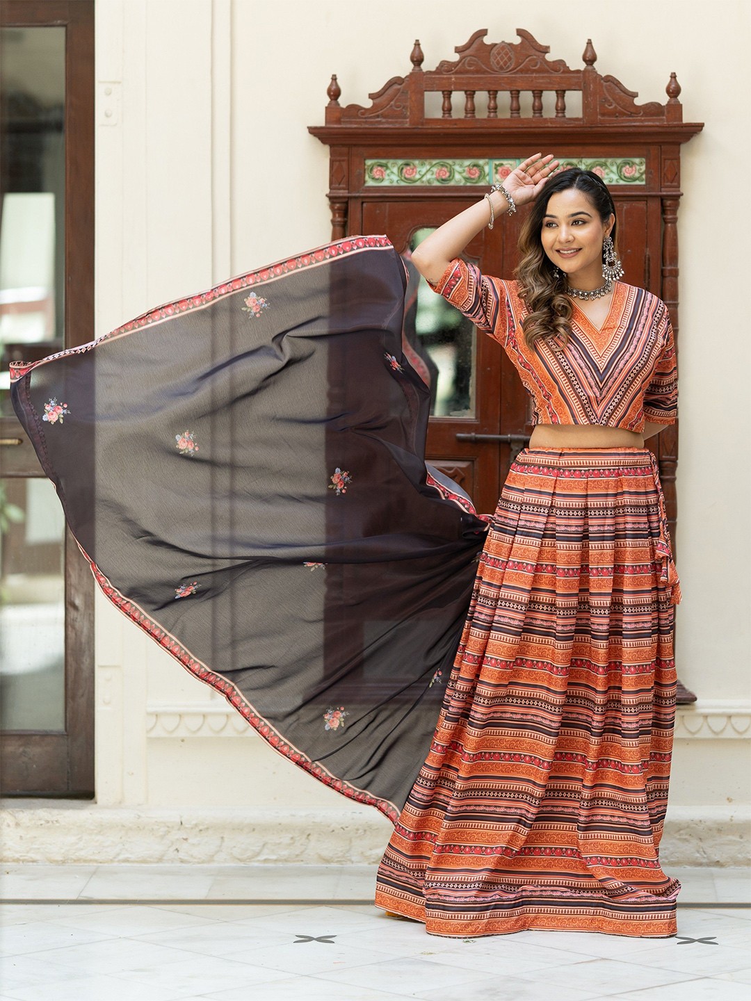 

TASRIKA Printed Semi-Stitched Lehenga & Unstitched Blouse With Dupatta, Orange