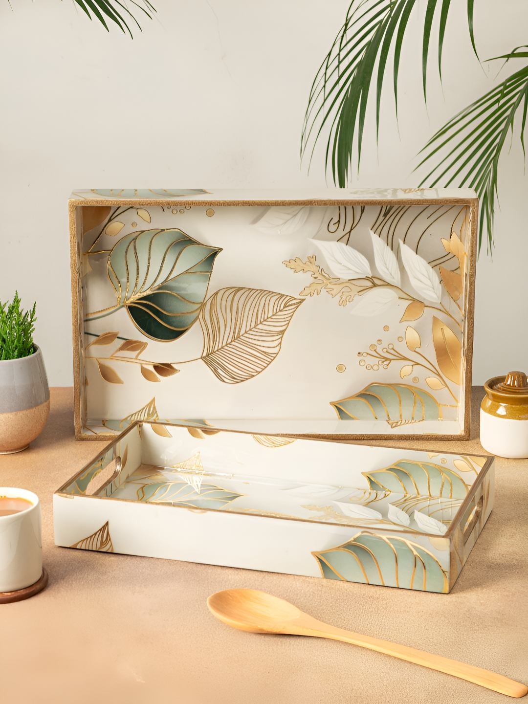 

HomeShastra White & Green 2 Pieces Wooden Rectangle Leaf Serving Tray