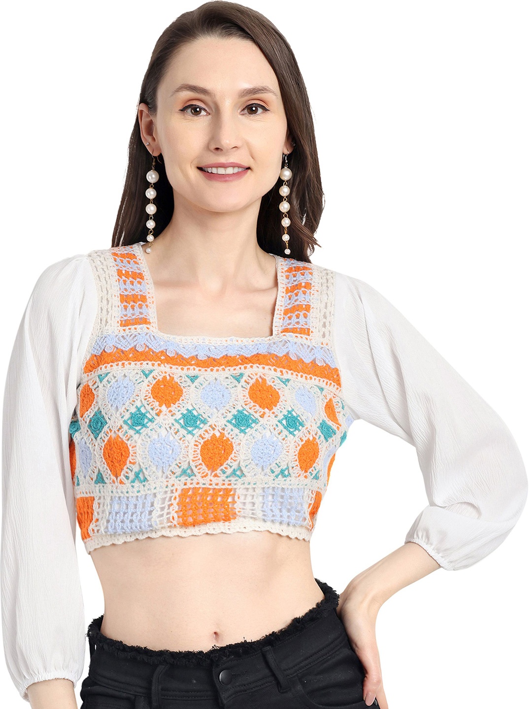 

HAUTEMODA Embroidered Georgette Fitted Crop Top, Cream