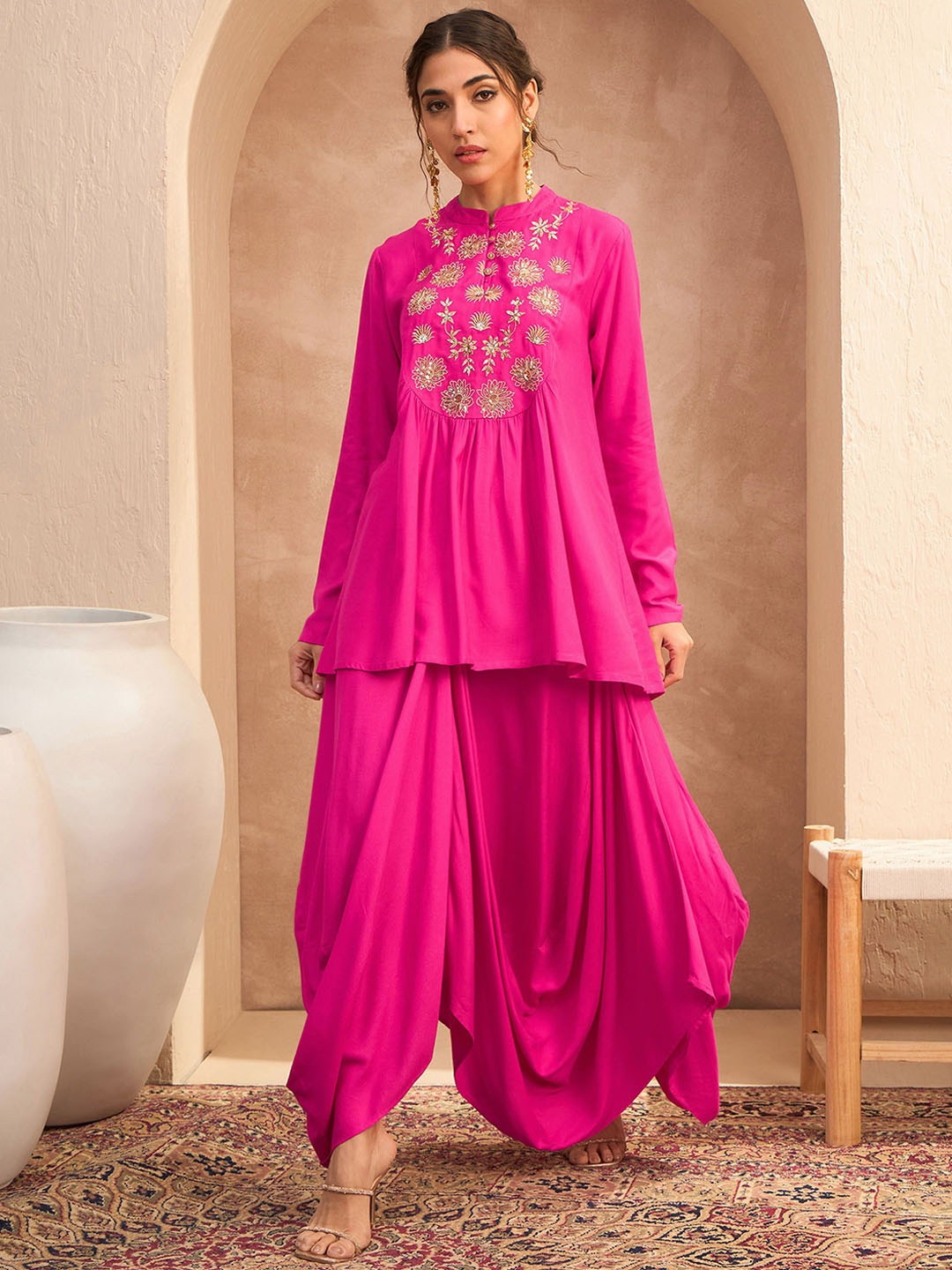 

Shae by SASSAFRAS Floral Embroidered Pleated Sequinned A-Line Kurti with Dhoti Pant, Fuchsia