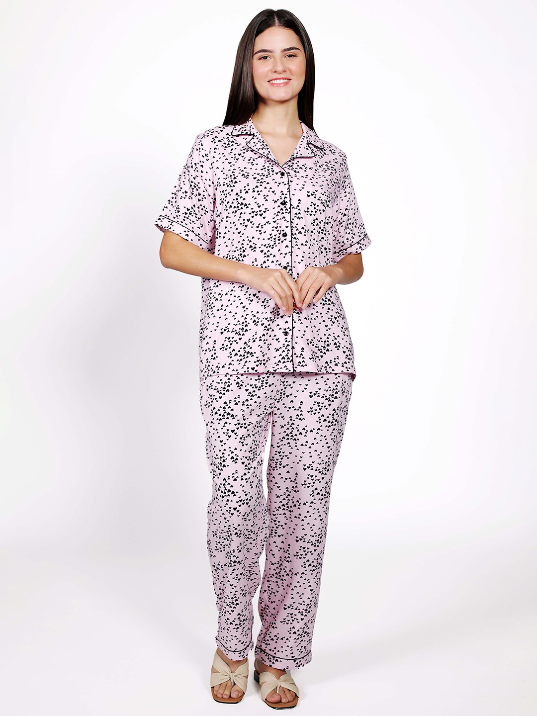 

BEOM Printed Shirt & Trousers Night Suite, Pink