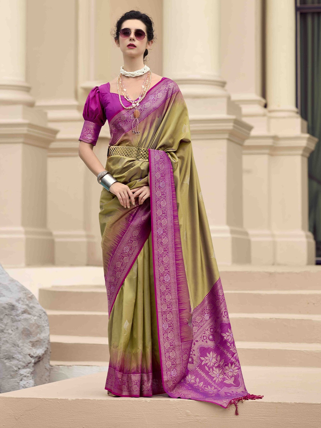 

Mitera Ethnic Motifs Woven Design Zari Saree, Olive