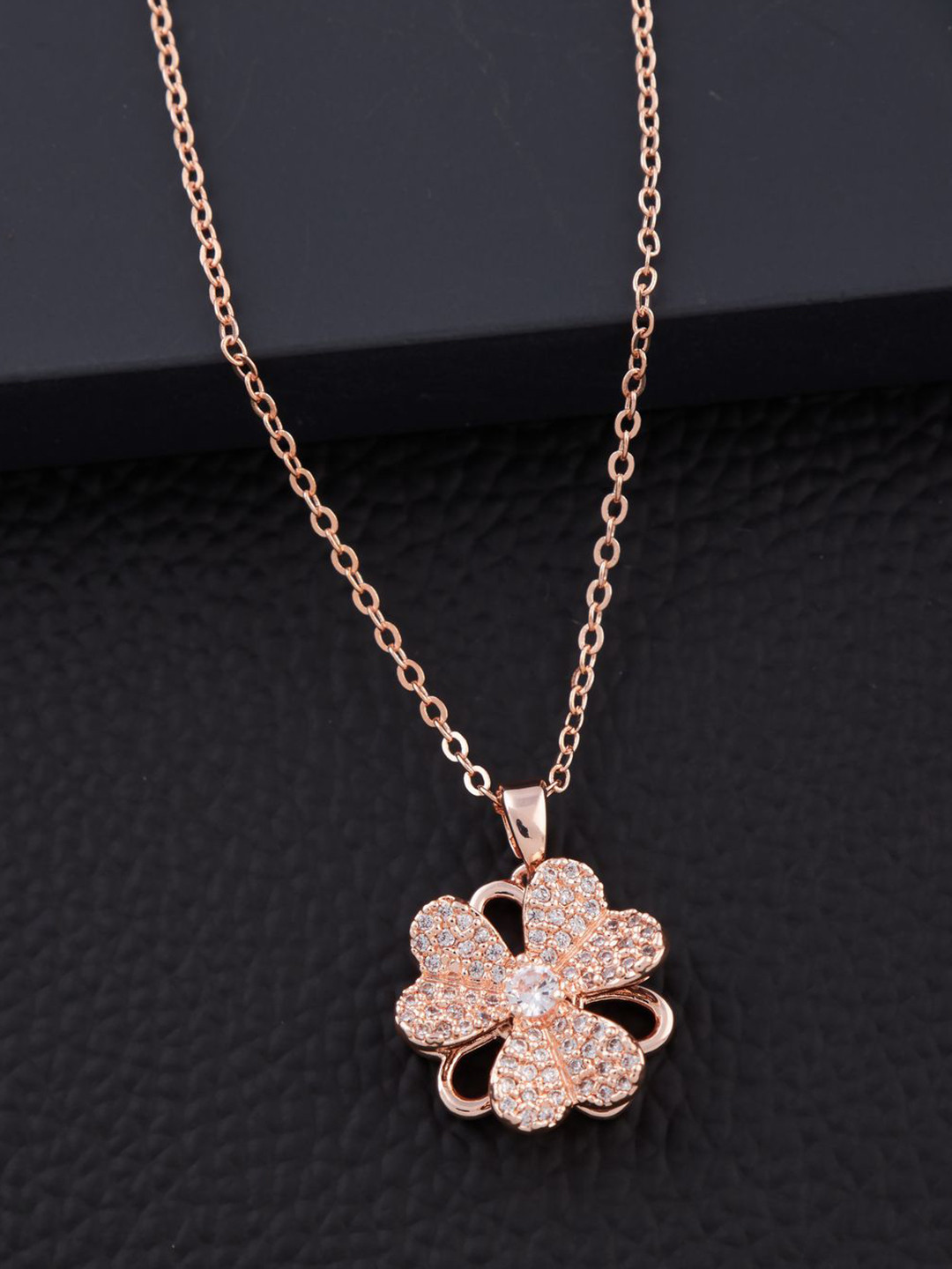 

SOLIBELLE Rose Gold-Plated Artificial Stones-Studded Floral Shaped Pendants With Chains