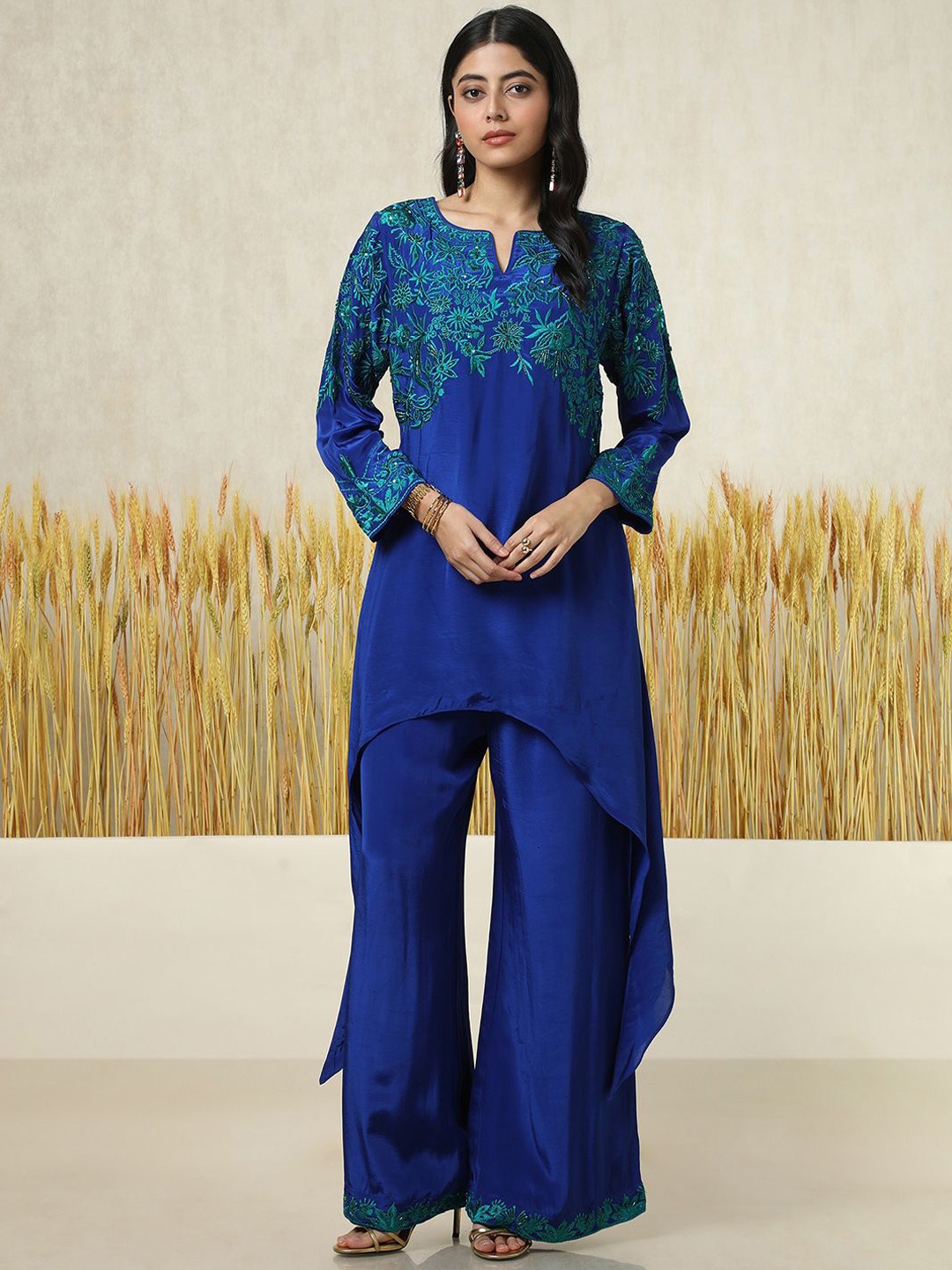 

Soch Floral Embroidered Notch Neck A-Line Tunic & Palazzos, Blue