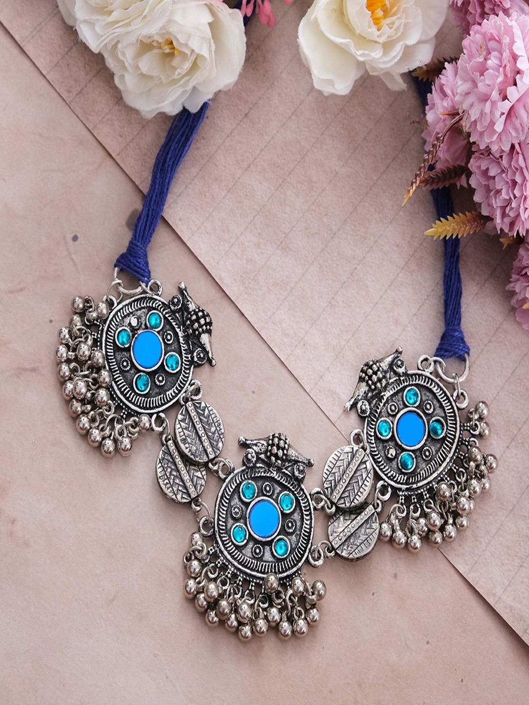 

Sangria Silver-Plated Artificial Stones Studded Oxidized Boho Choker Statement Necklace