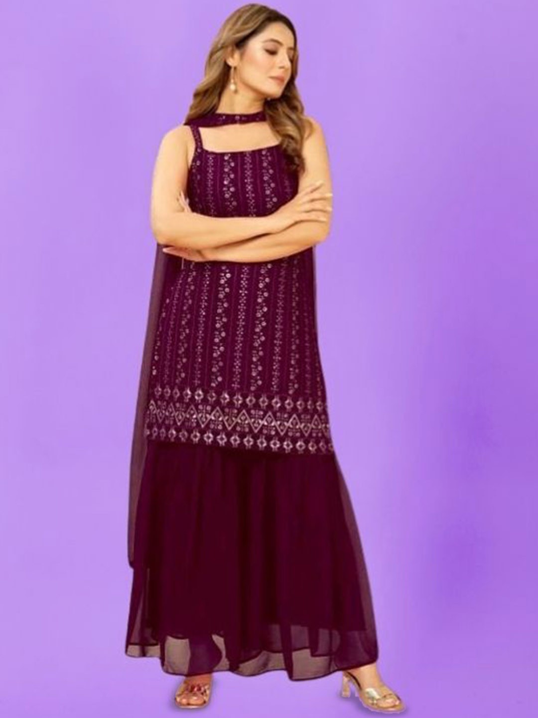 

PARROT CREATION Floral Embroidered Sequinned Georgette Kurti With Sharara And Dupatta, Purple