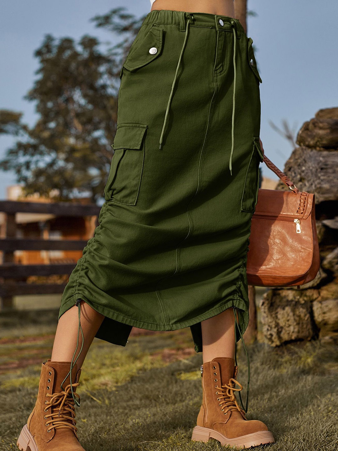 

StyleCast Denim A-Line Midi Skirt, Olive
