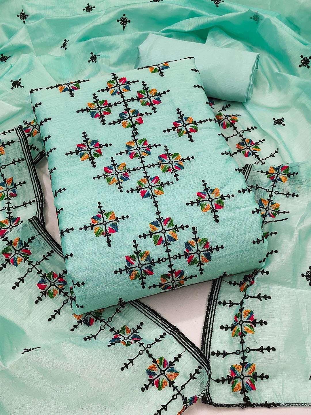 

SAINOOR Geometric Embroidered Unstitched Dress Material, Sea green