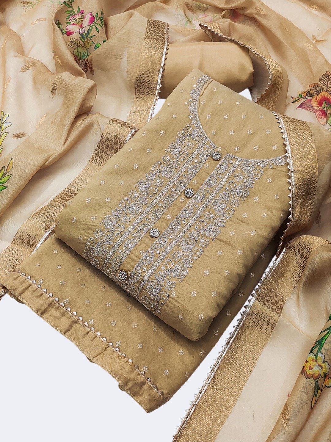 

Riti Ethnic Motifs Zari Embellished Unstitched Dress Material, Beige