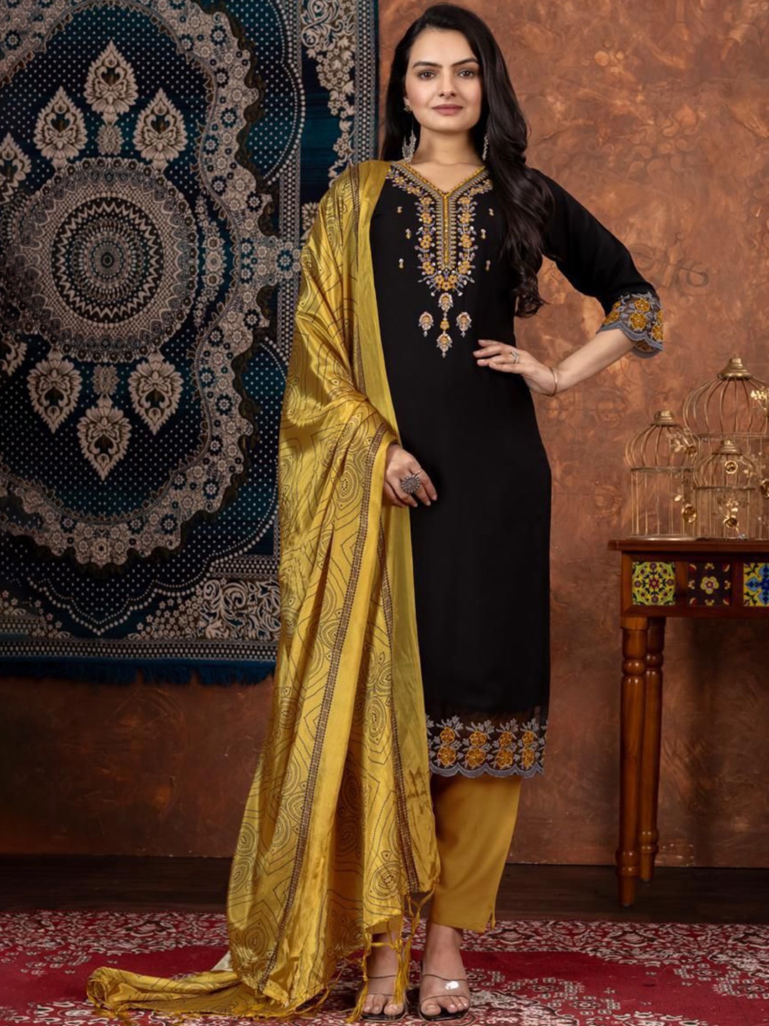 

FVD Floral Embroidered V-Neck Straight Kurta With Trousers & Dupatta, Black