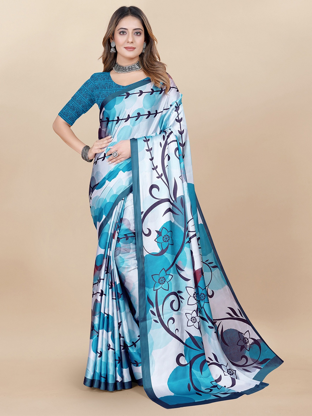 

DIVASTRI Floral Satin Saree, Turquoise blue