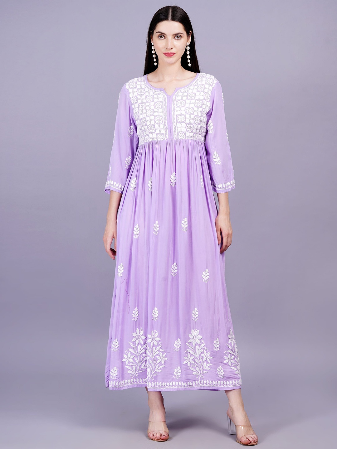

SUFIZA LIFESTYLE Women Floral Embroidered Fit and Flare Midi Dress, Lavender