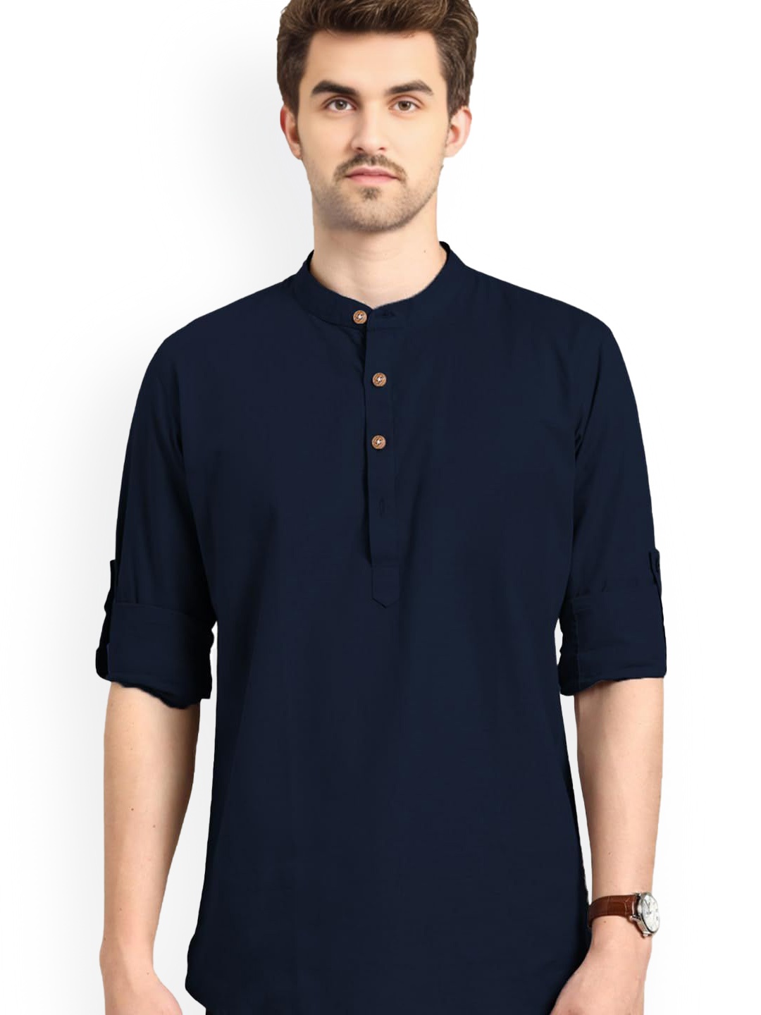 

Vida Loca Band Collar Cotton Straight Short Kurta, Navy blue