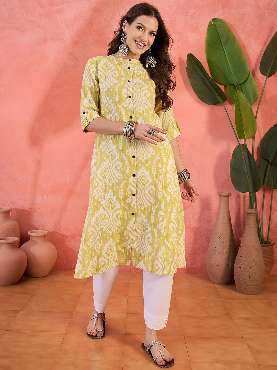 

Sangria Ethnic Motifs Printed High Slit Mandarin Collar Pure Cotton A-Line Kurta, Yellow