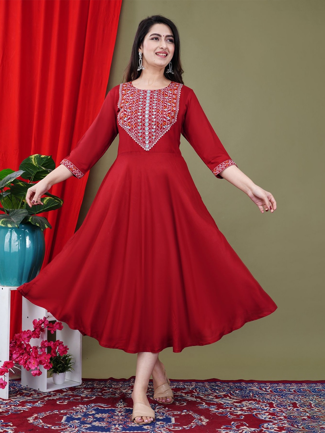 

FebQ Women Mirror Work Embroidered Fit & Flare Midi Dress, Red