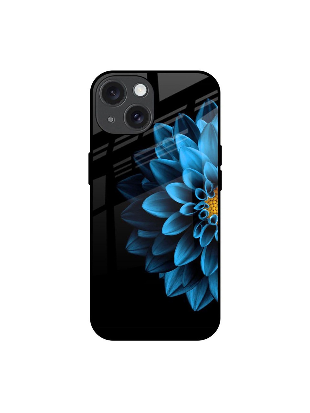 

QRIOH Half Blue Flower Real Printed iPhone 15 Back Case, Black